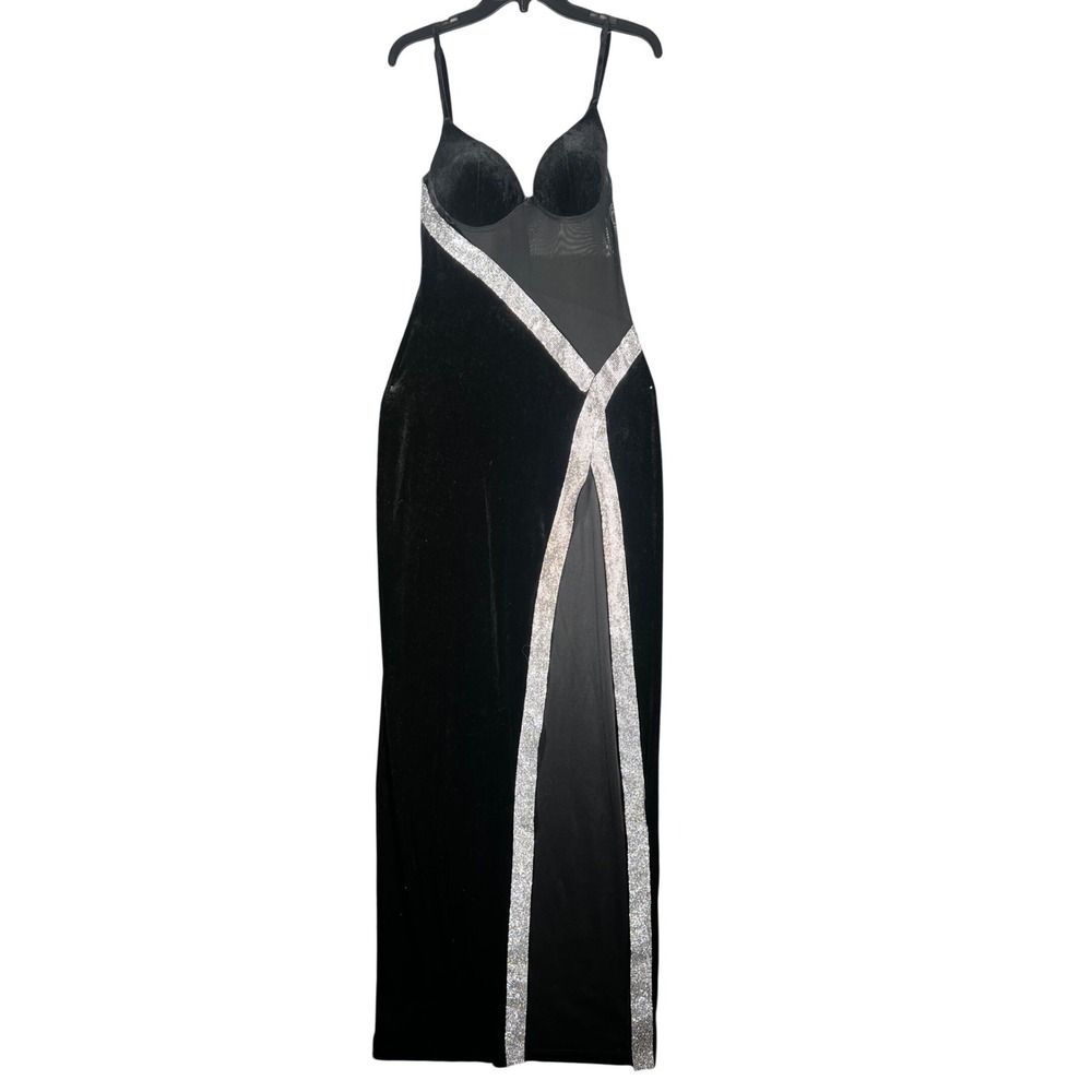 Windsor Black‎ Velvet Mesh Rhinestone High Slit Formal Gown Dress Large
